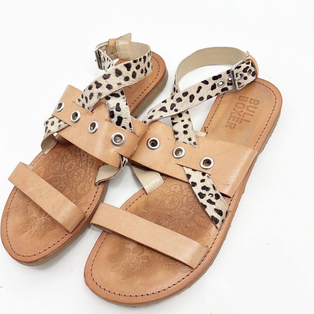 Bull Boxer Alexandra Women's Leather/Cheetah Print Ankle Strap Sandal Size 10